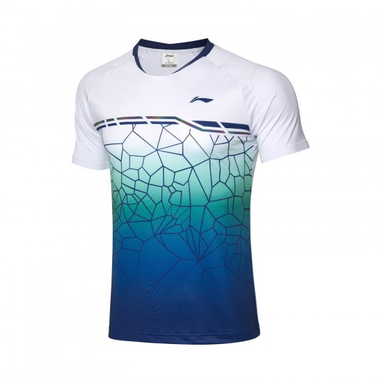 Футболка мужская для бадминтона соревновательная  (белая/синяя) Li-NING AAYQ079-1