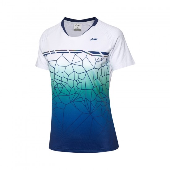 Футболка женская для бадминтона соревновательная (бел/син) Li-NING AAYQ084-1