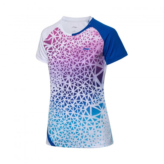 Футболка женская для бадминтона для соревнований (бел/син) Li-NING AAYQ088-2