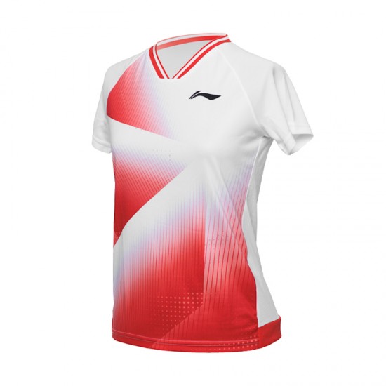 Футболка женская для бадминтона соревновательная  (белая/красная) Li-NING AAYS248-4