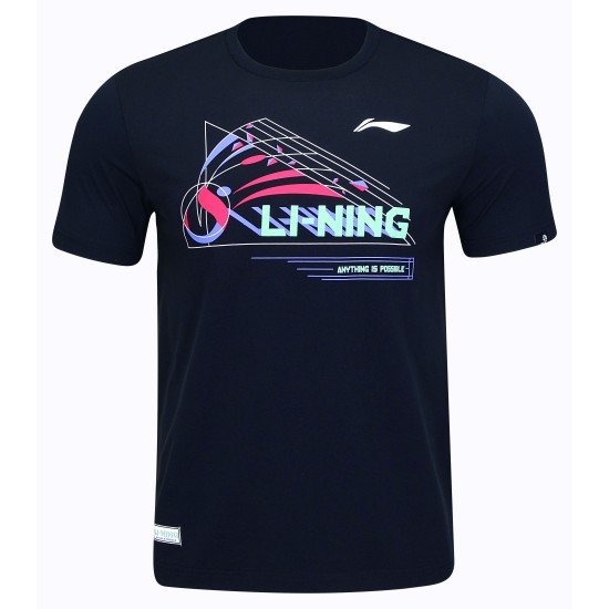 Футболка мужская для бадминтона тренировочная с принтом (черная) Li-NING AHST699-2