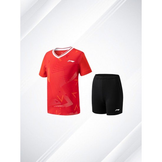 Комплект детский для бадминтона футболка и шорты (красный, черный) Li-NING AATT042-2
