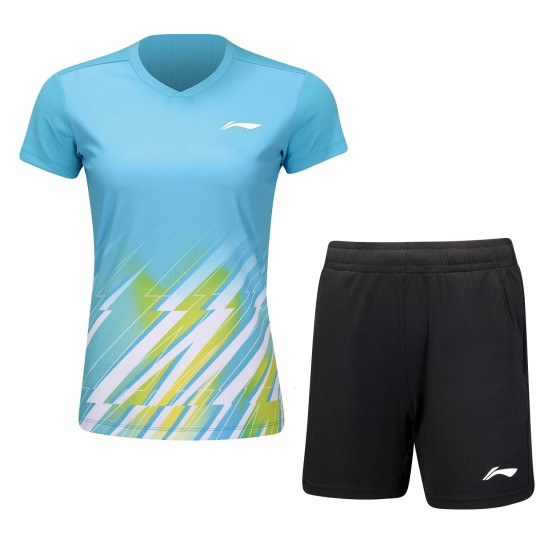 Комплект женский футболка с шортами (голубой/черный) Li-NING AATU032-3